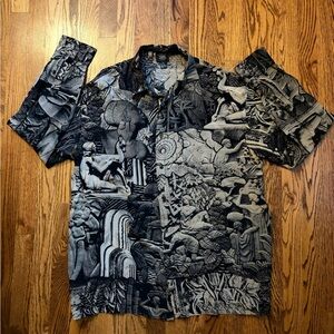 Timney Fowler London Vintage Silk Shirt XL Made in Korea Neoclassical Art Print